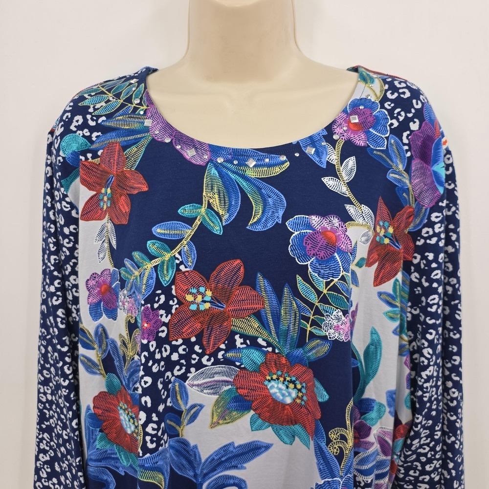 Alfred Dunner Shirt Women 2X Multicolor Floral Rhinestone Tunic Top Boho - Picture 2 of 11